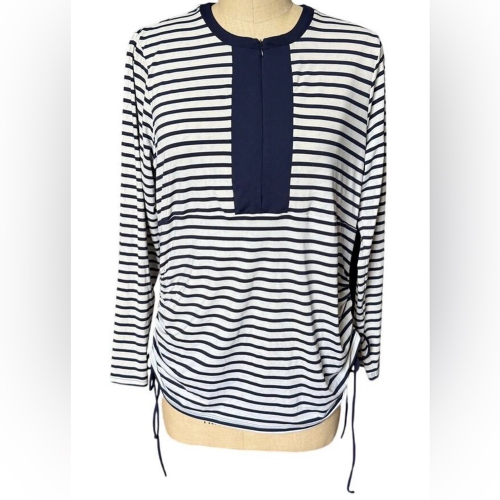 Lands' End Navy and White Striped Sun rash guard, swim top. Zip up